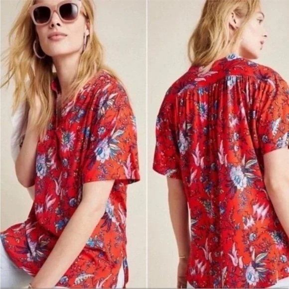 Anthro Maeve Windham Floral Red Henley Short Sleeve Blouse Size Medium - Picture 1 of 16